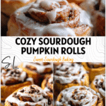 Warm sourdough pumpkin cinnamon rolls topped with frosting beside a Campfire Snacks setup. 26